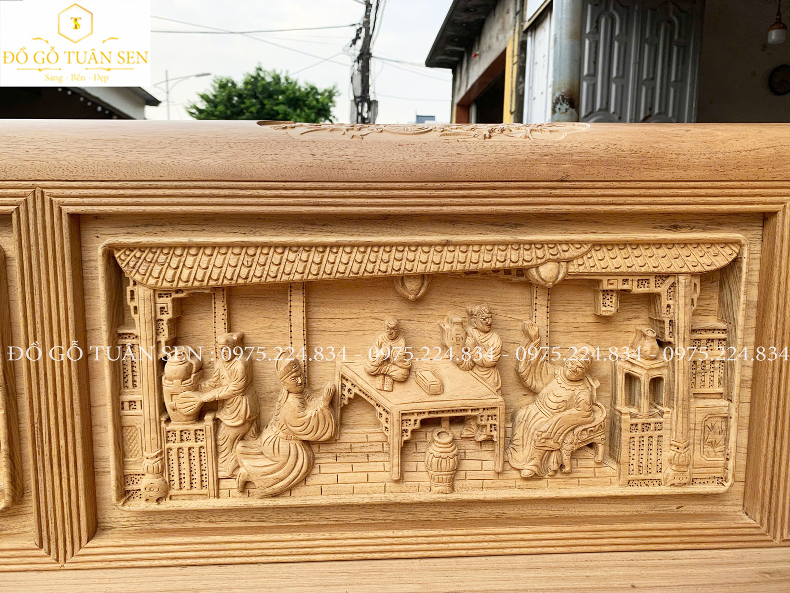 hình ảnh thông tin bộ trường kỷ đục tích gỗ gụ, đục sắc nét 